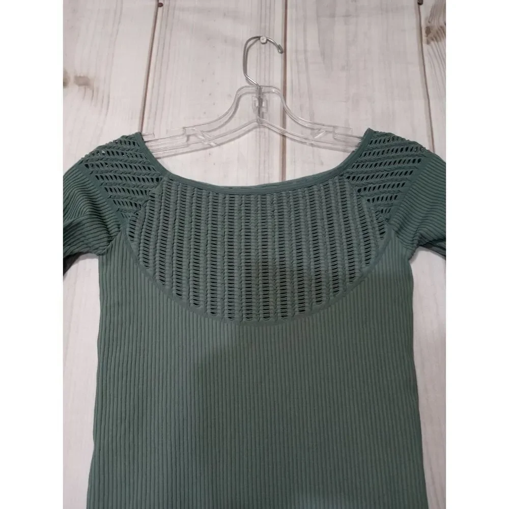 Free People Medium Ribbed Knit Long Sleeve Top Olive‎ Green Cutout Details
